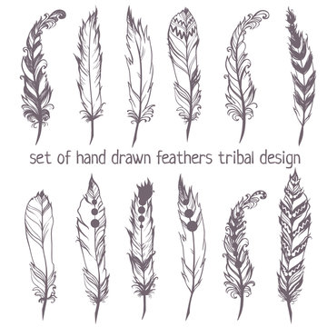 set of hand drawn feathers for American Indian Dreamcatcher masc