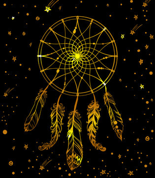 hand drawn golden american indian dreamcatcher with feathers bea