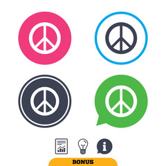 Peace sign icon. Hope symbol. Antiwar sign. Report document, information sign and light bulb icons. Vector