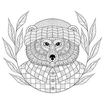 Vector Bear in hat with wreath, zentangle, doodle style. Hand dr