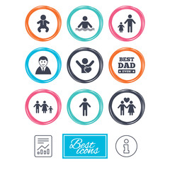 People, family icons. Swimming pool, love and children signs. Best dad, father and mother symbols. Report document, information icons. Vector