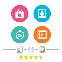 Photo camera icon. Flash light and video frame symbols. Stopwatch timer 2 seconds sign. Human portrait photo frame. Calendar, cogwheel and report linear icons. Star vote ranking. Vector