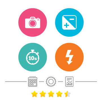 Photo camera icon. Flash light and exposure symbols. Stopwatch timer 10 seconds sign. Calendar, cogwheel and report linear icons. Star vote ranking. Vector