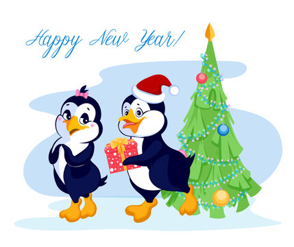 Penguin gives a gift near the Christmas tree. The inscription ha