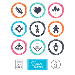 Pregnancy, maternity and baby care icons. Candy, strollers and fasten seat belt signs. Footprint, love and balloon symbols. Report document, information icons. Vector