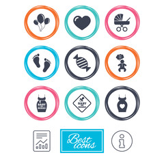Pregnancy, maternity and baby care icons. Newborn, strollers and pacifier signs. Footprint, candy and love symbols. Report document, information icons. Vector