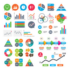 Business charts. Growth graph. Diagram graph Pie chart icon. Presentation billboard symbol. Man standing with pointer sign. Market report presentation. Vector