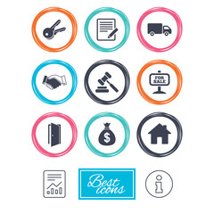 Real estate, auction icons. Handshake, for sale and money bag signs. Keys, delivery truck and door symbols. Report document, information icons. Vector