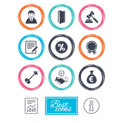 Real estate, auction icons. Home key, discount and door signs. Business agent, award medal symbols. Report document, information icons. Vector