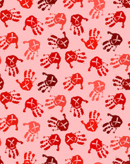 Seamless pattern with chaotic baby hands with AIDS ribbon inside in shades of red color. World AIDS day in December 1