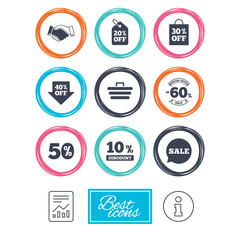 Sale discounts icon. Shopping, handshake and cart signs. 10, 50 and 60 percent off. Special offer symbols. Report document, information icons. Vector