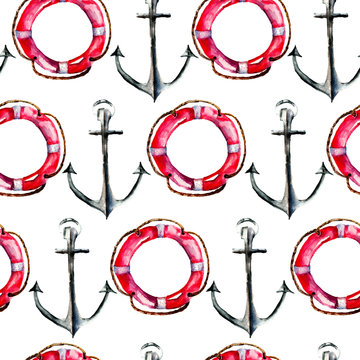 Seamless wallpaper with Life buoy and anchor