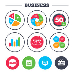 Business pie chart. Growth graph. Sale speech bubble icons. Buy now arrow symbols. Black friday gift box signs. Big sale shopping bag. Super sale and discount buttons. Vector