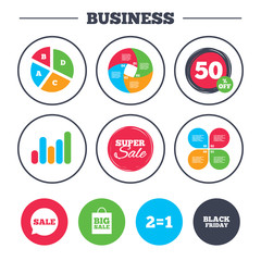 Business pie chart. Growth graph. Sale speech bubble icons. Two equals one. Black friday sign. Big sale shopping bag symbol. Super sale and discount buttons. Vector