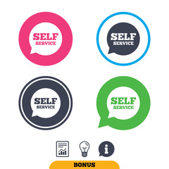Self service sign icon. Maintenance symbol in speech bubble. Report document, information sign and light bulb icons. Vector