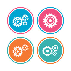 Cogwheel gear icons. Mechanism symbol. Website or App settings sign. Working process performance. Colored circle buttons. Vector