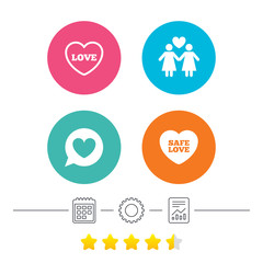 Lesbians couple sign. Speech bubble with heart icon. Female love female. Heart symbol. Calendar, cogwheel and report linear icons. Star vote ranking. Vector