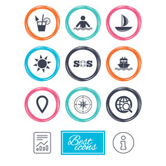 Cruise trip, ship and yacht icons. Travel, cocktail and sun signs. Sos, windrose compass and swimming symbols. Report document, information icons. Vector