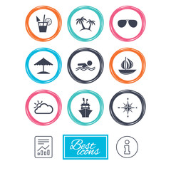 Cruise trip, ship and yacht icons. Travel, cocktails and palm trees signs. Sunglasses, windrose and swimming symbols. Report document, information icons. Vector