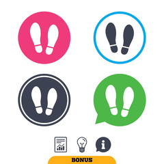 Imprint soles shoes sign icon. Shoe print symbol. Report document, information sign and light bulb icons. Vector