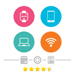 Notebook and smartphone icons. Smart watch symbol. Wi-fi and battery energy signs. Wireless Network symbol. Mobile devices. Calendar, cogwheel and report linear icons. Star vote ranking. Vector