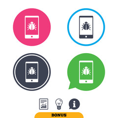 Smartphone virus sign icon. Software bug symbol. Report document, information sign and light bulb icons. Vector