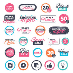 Sale shopping stickers and banners. Hipster photo camera icon. Like and Chat speech bubble sign. Bird symbol. Website badges. Black friday. Vector