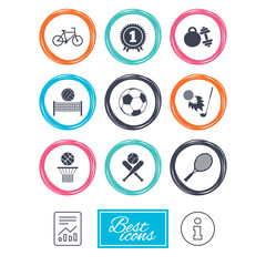 Sport games, fitness icons. Football, basketball and tennis signs. Golf, bike and winner medal symbols. Report document, information icons. Vector