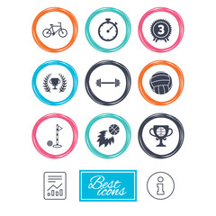 Sport games, fitness icons. Golf, basketball and volleyball signs. Timer, bike and winner cup symbols. Report document, information icons. Vector