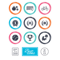 Sport games, fitness icons. Football, basketball and tennis signs. Golf, bike and winner medal symbols. Report document, information icons. Vector