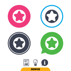 Star sign icon. Favorite button. Navigation symbol. Report document, information sign and light bulb icons. Vector