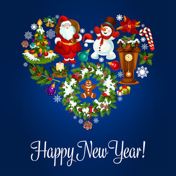 Happy New Year greeting poster in heart shape