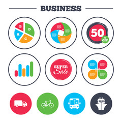 Fototapeta premium Business pie chart. Growth graph. Transport icons. Truck, Bicycle, Public bus with driver and Ship signs. Shipping delivery symbol. Family vehicle sign. Super sale and discount buttons. Vector