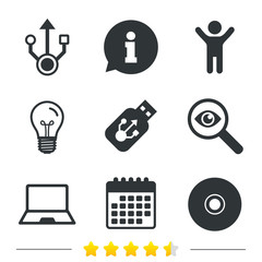 Usb flash drive icons. Notebook or Laptop pc symbols. CD or DVD sign. Compact disc. Information, light bulb and calendar icons. Investigate magnifier. Vector