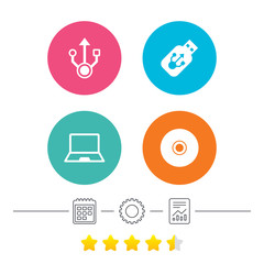 Usb flash drive icons. Notebook or Laptop pc symbols. CD or DVD sign. Compact disc. Calendar, cogwheel and report linear icons. Star vote ranking. Vector
