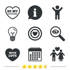Fototapeta premium Valentine day love icons. Target aim with heart symbol. Couple lovers sign. Information, light bulb and calendar icons. Investigate magnifier. Vector
