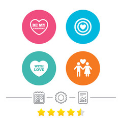Valentine day love icons. Target aim with heart symbol. Couple lovers sign. Calendar, cogwheel and report linear icons. Star vote ranking. Vector