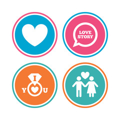 Valentine day love icons. I love you ring symbol. Couple lovers sign. Love story speech bubble. Colored circle buttons. Vector