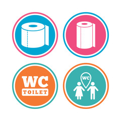 Toilet paper icons. Gents and ladies room signs. Paper towel or kitchen roll. Man and woman symbols. Colored circle buttons. Vector