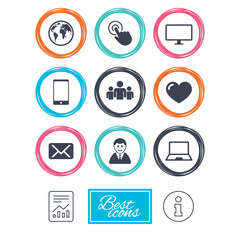 Web, mobile devices icons. Share, mail and like signs. Laptop, phone and monitor symbols. Report document, information icons. Vector