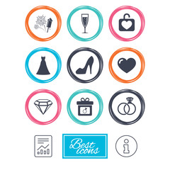 Wedding, engagement icons. Locker with heart, gift box and fireworks signs. Dress, heart and champagne glass symbols. Report document, information icons. Vector
