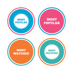 Most popular star icon. Most watched symbols. Clients or users choice signs. Colored circle buttons. Vector