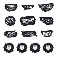 Ink brush sale stripes and banners. Sale arrow tag icons. Discount special offer symbols. 30%, 50%, 70% and 90% percent sale signs. Black friday. Ink stroke. Vector