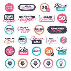 Sale shopping stickers and banners. Sale arrow tag icons. Discount special offer symbols. 50%, 60%, 70% and 80% percent discount signs. Website badges. Black friday. Vector