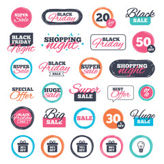 Sale shopping stickers and banners. Sale gift box tag icons. Discount special offer symbols. 30%, 50%, 70% and 90% percent off signs. Website badges. Black friday. Vector
