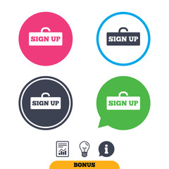 Sign up sign icon. Registration symbol. Lock icon. Report document, information sign and light bulb icons. Vector