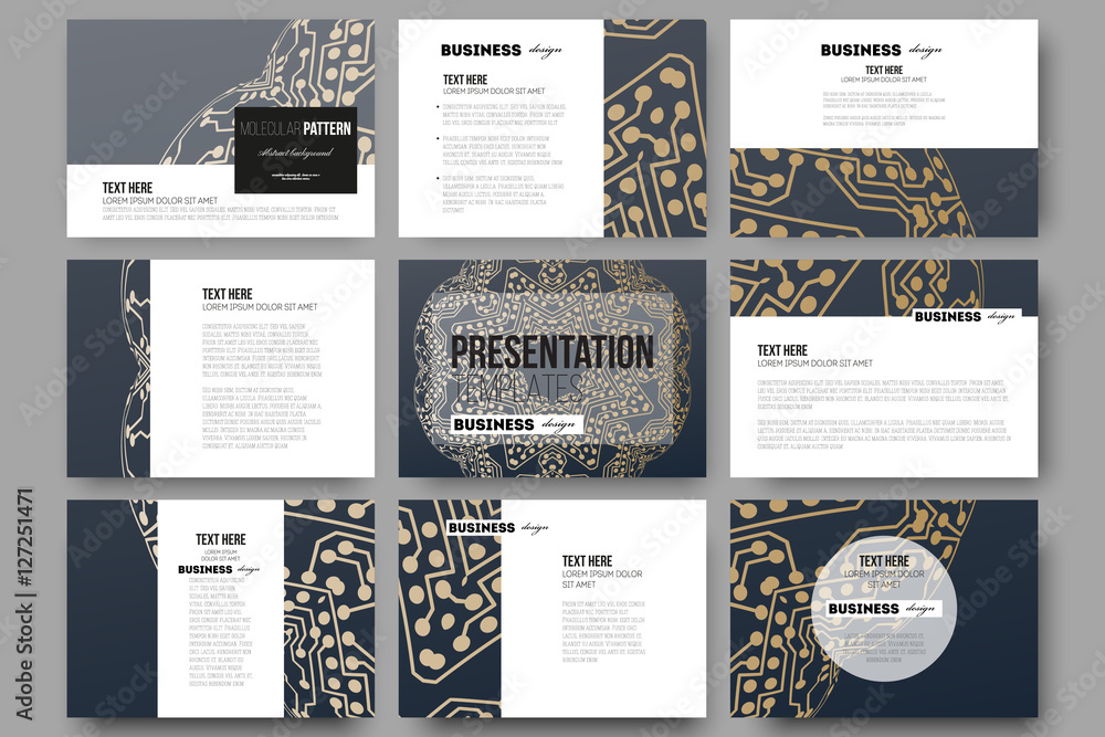 Poster set of 9 templates for presentation slides. golden microchip pattern, abstract template with connect
