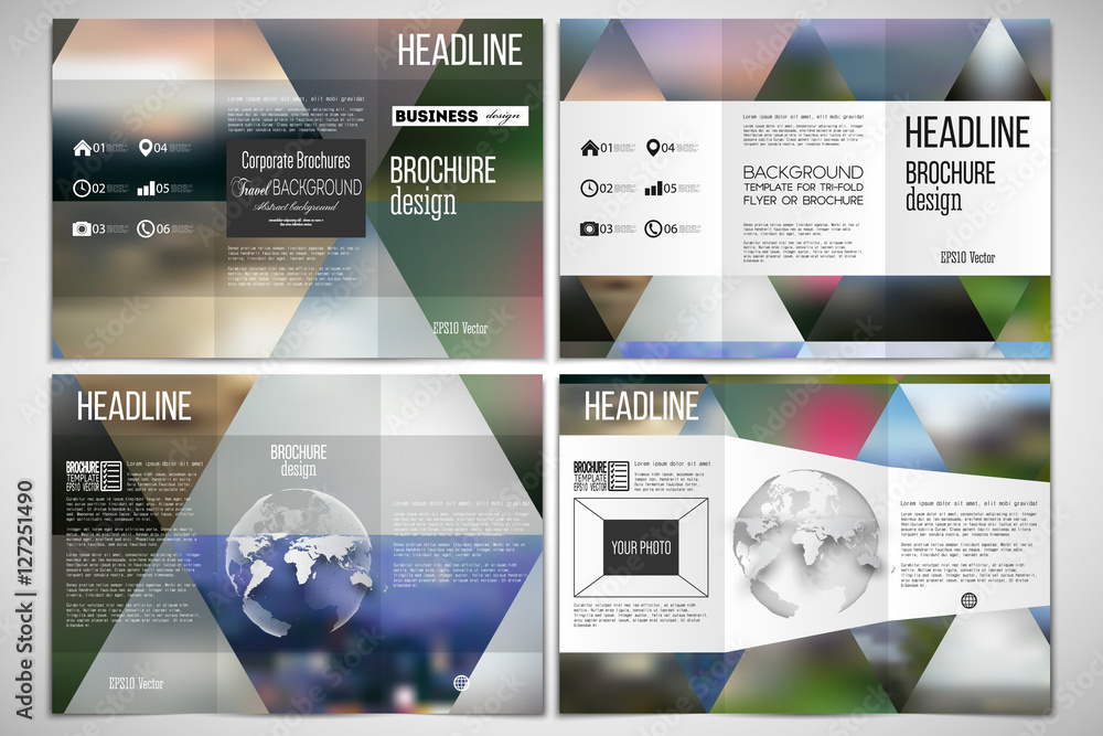 Poster set of tri-fold brochure design template on both sides with world globe element. abstract multicolor