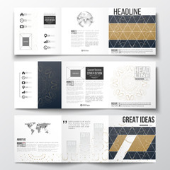 Set of tri-fold brochures, square design templates. Abstract polygonal low poly backdrop with connecting dots and lines, golden background, connection structure. Digital or science vector