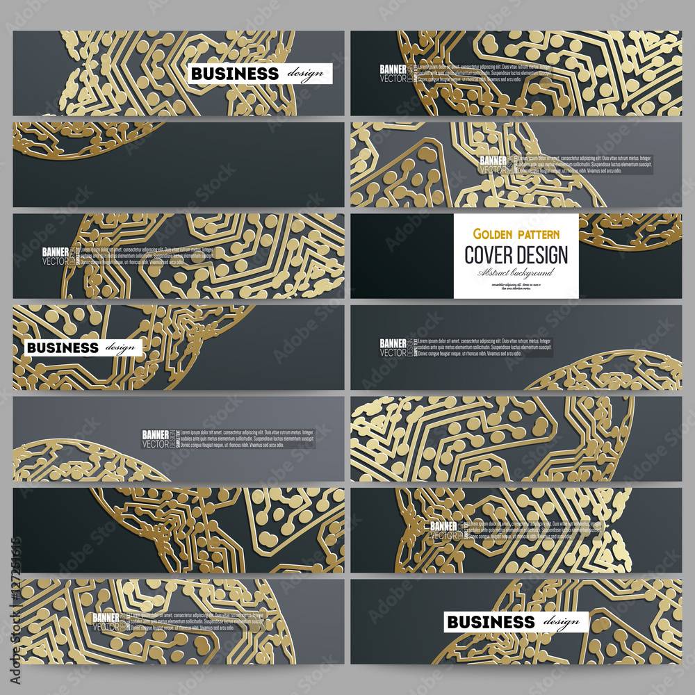 Poster set of modern banners. golden microchip pattern on dark background with connecting dots and lines, c